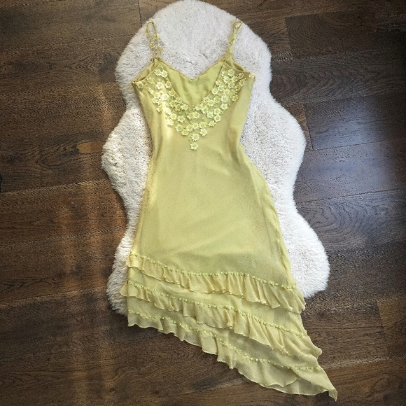 Vintage Cache Fairy Silk Florets Beaded Assymetrical Hem Midi Slip Dress - Picture 10 of 11